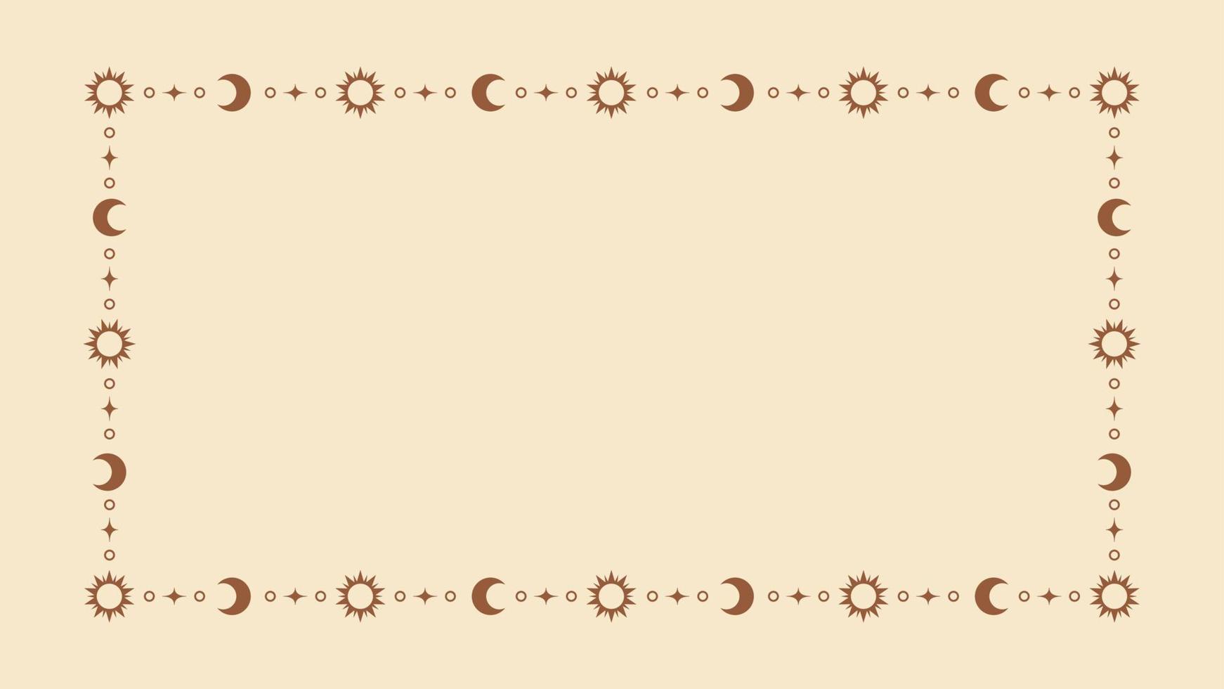 Mystic celestial frame with sun, stars, moon phases, crescents and copy space. Ornate bohemian magical background. vector