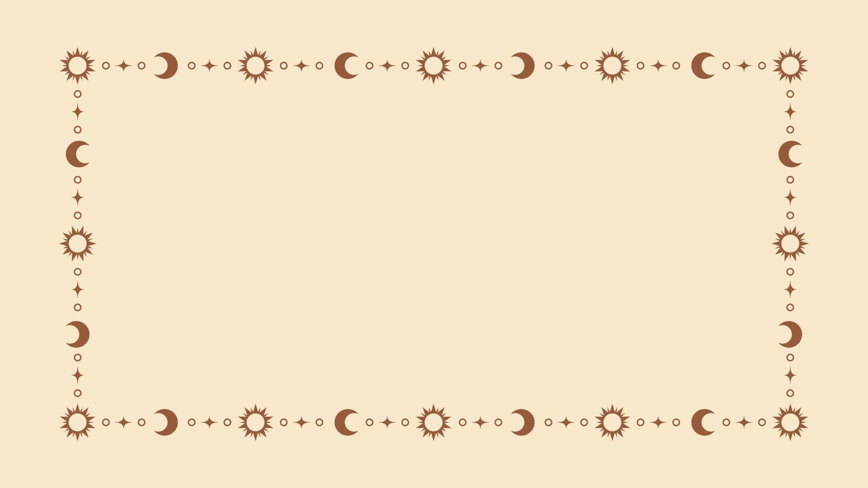 Mystic celestial frame with sun, stars, moon phases, crescents and copy space. Ornate bohemian magical background. vector