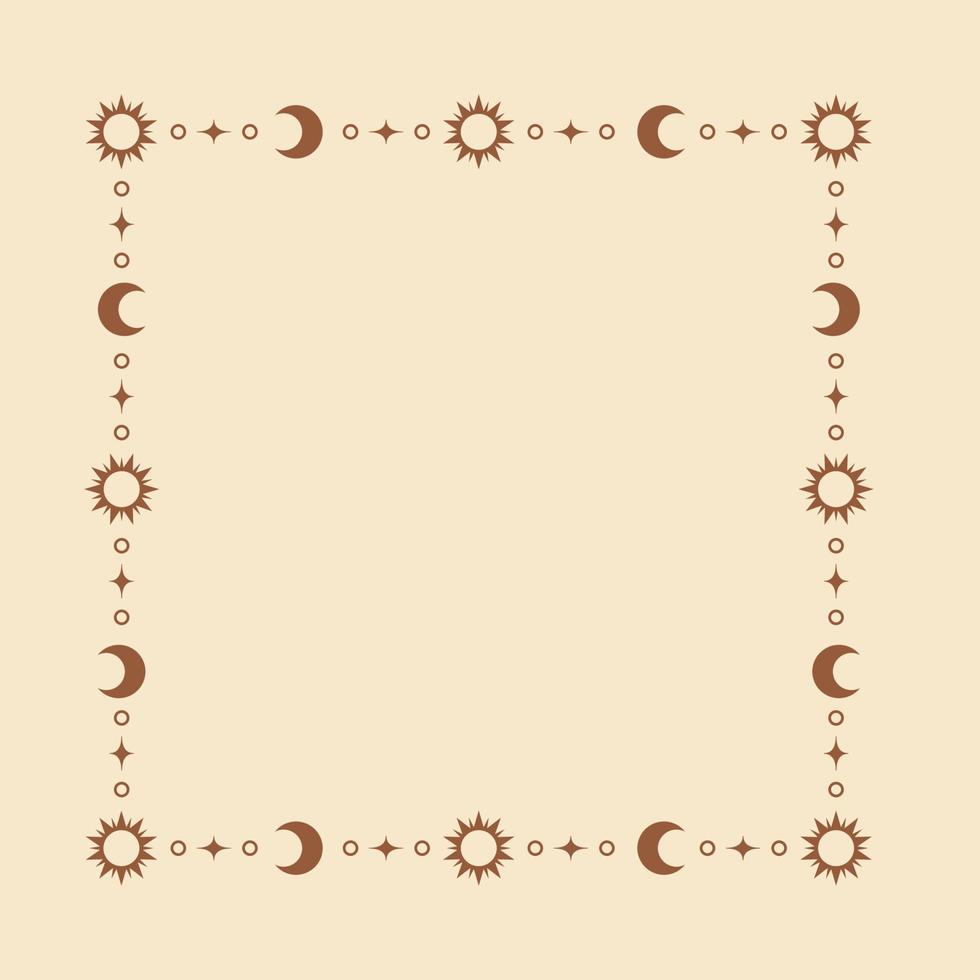 Mystic celestial frame with sun, stars, moon phases, crescents and copy space. Ornate bohemian magical background. vector