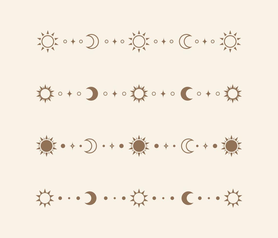 Celestial mystic separator set with sun, stars, moon phases, crescents. Ornate boho magical divider decorative element vector