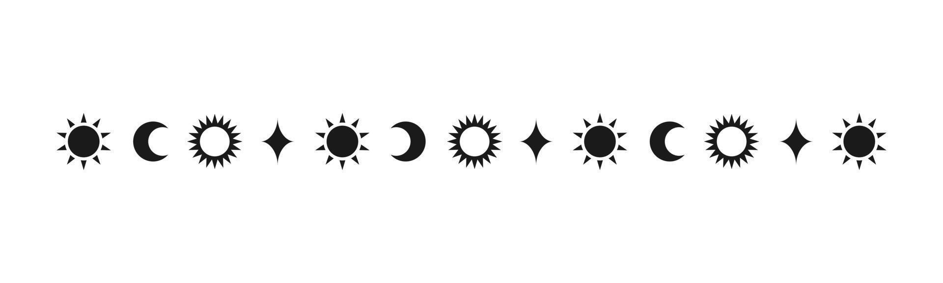 Celestial mystic separator with sun, stars, moon phases, crescents. Ornate boho magical divider decorative element vector