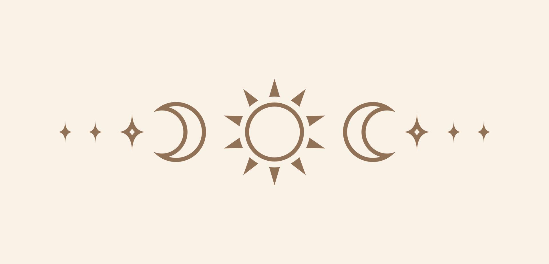 Celestial text divider with sun, stars, moon phases, crescents. Ornate boho mystic separator decorative element vector