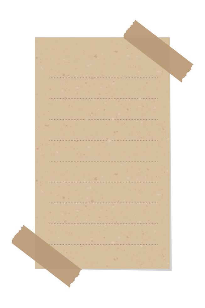 Aesthetic vertical vintage brown paper note illustration. Recycled memo paper with adhesive tape template. vector