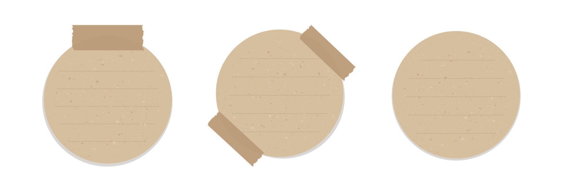 Round vintage brown paper note set. Recycled memo paper with adhesive tape. vector
