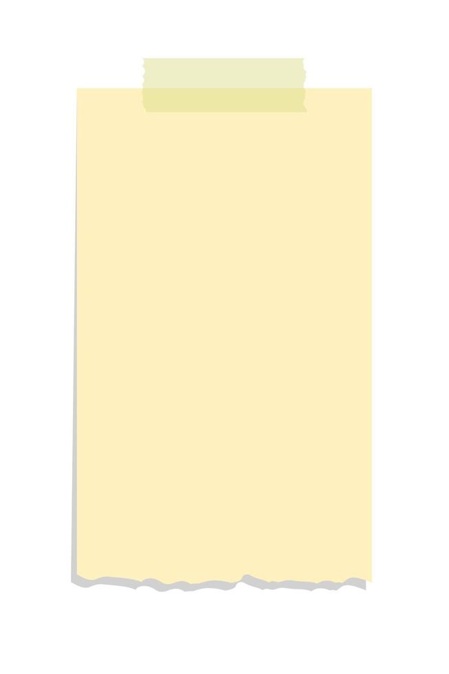 Torn yellow sticky note vector illustration. Taped office memo paper template.
