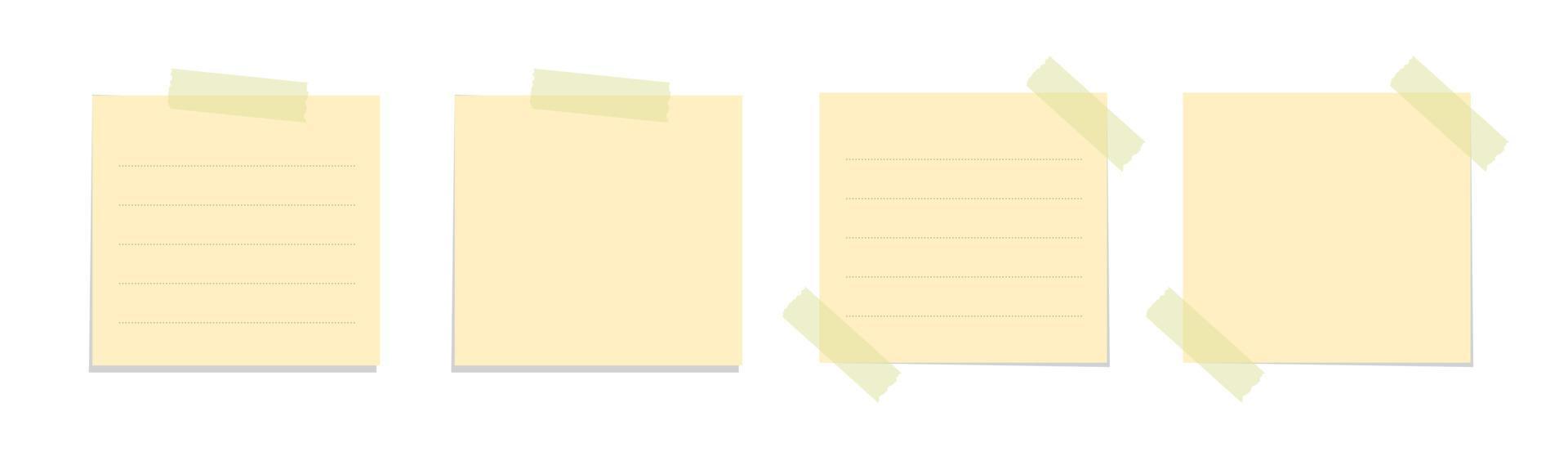 Yellow sticky note vector illustration set. Taped square office memo paper template mockup.