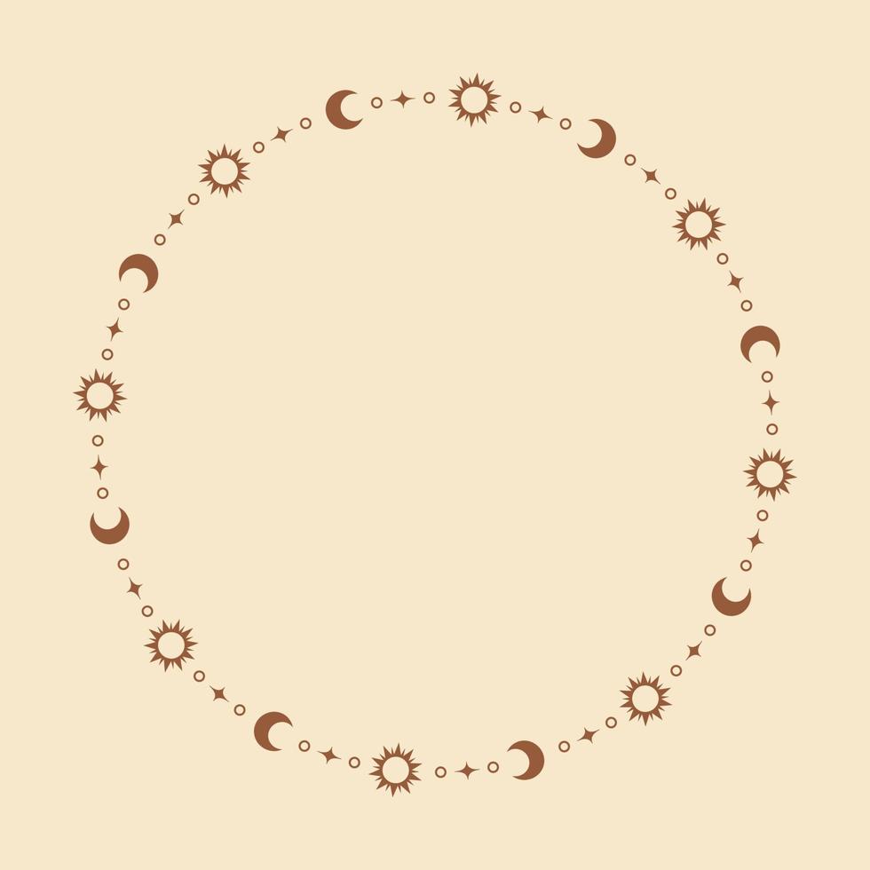Mystic celestial round frame with sun, stars, moon phases, crescents. Ornate bohemian magical border background. vector