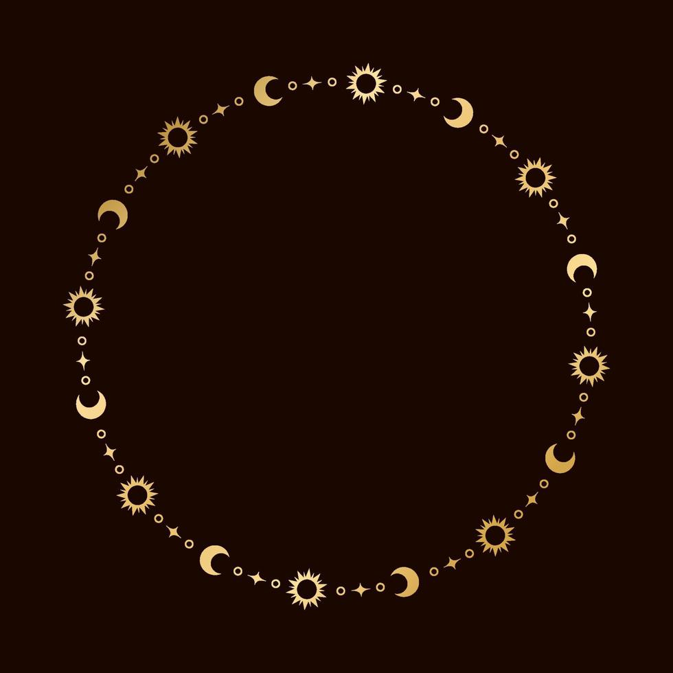 Mystic celestial round golden frame with sun, stars, moon phases, crescents and copy space. Ornate magical background. vector