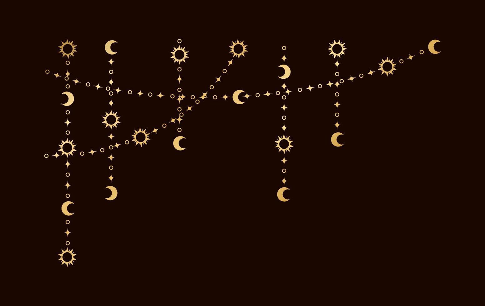 oro místico celestial colgando guirnalda marco esquina con sol, estrellas, Luna etapas, medias lunas florido bohemio mágico cortina decorativo elemento vector