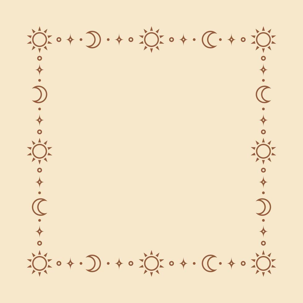 Mystic celestial frame with sun, stars, moon phases, crescents and copy space. Ornate bohemian magical background. vector