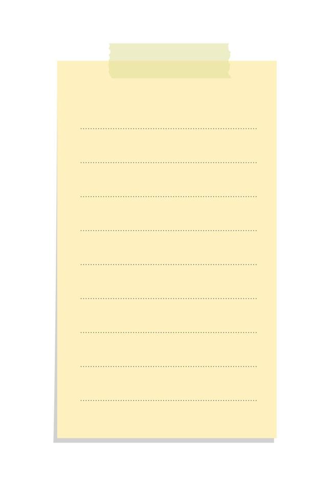 Vertical yellow sticky note illustration. Taped office memo paper template. vector