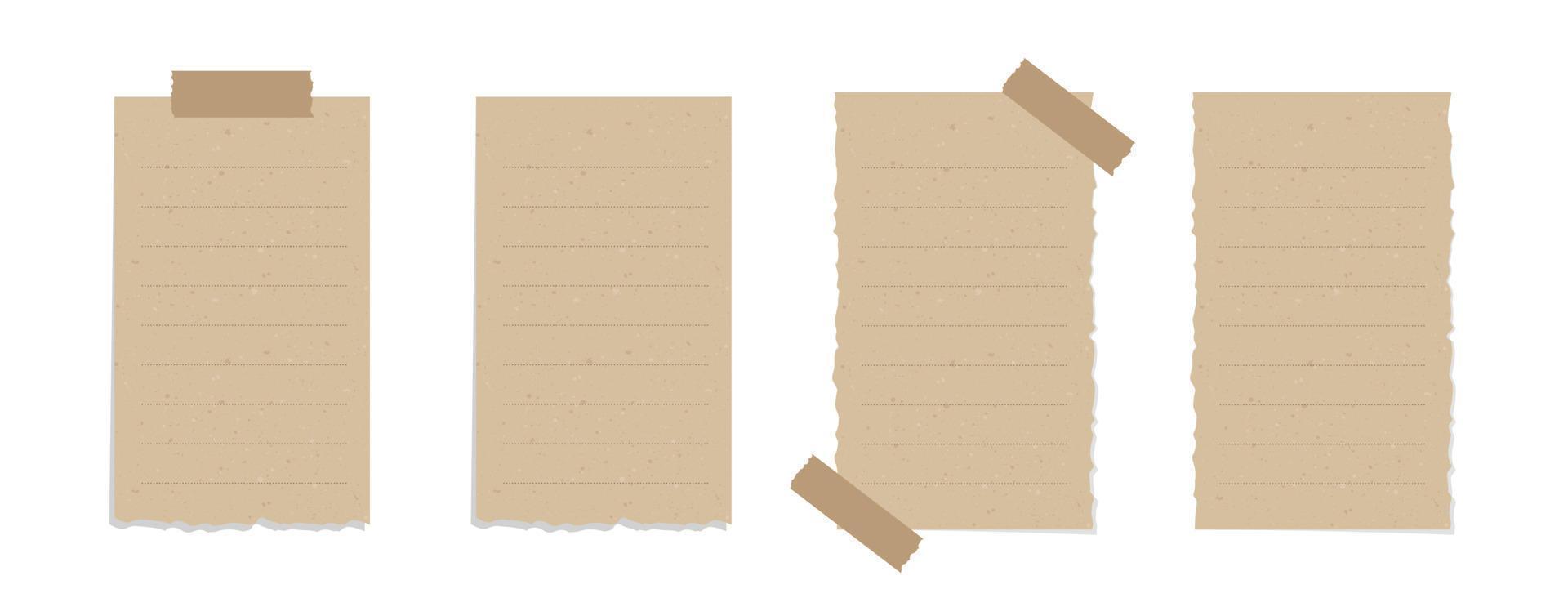 Taped vintage brown torn paper illustration set. Recycled memo note paper with adhesive tape mockup. vector