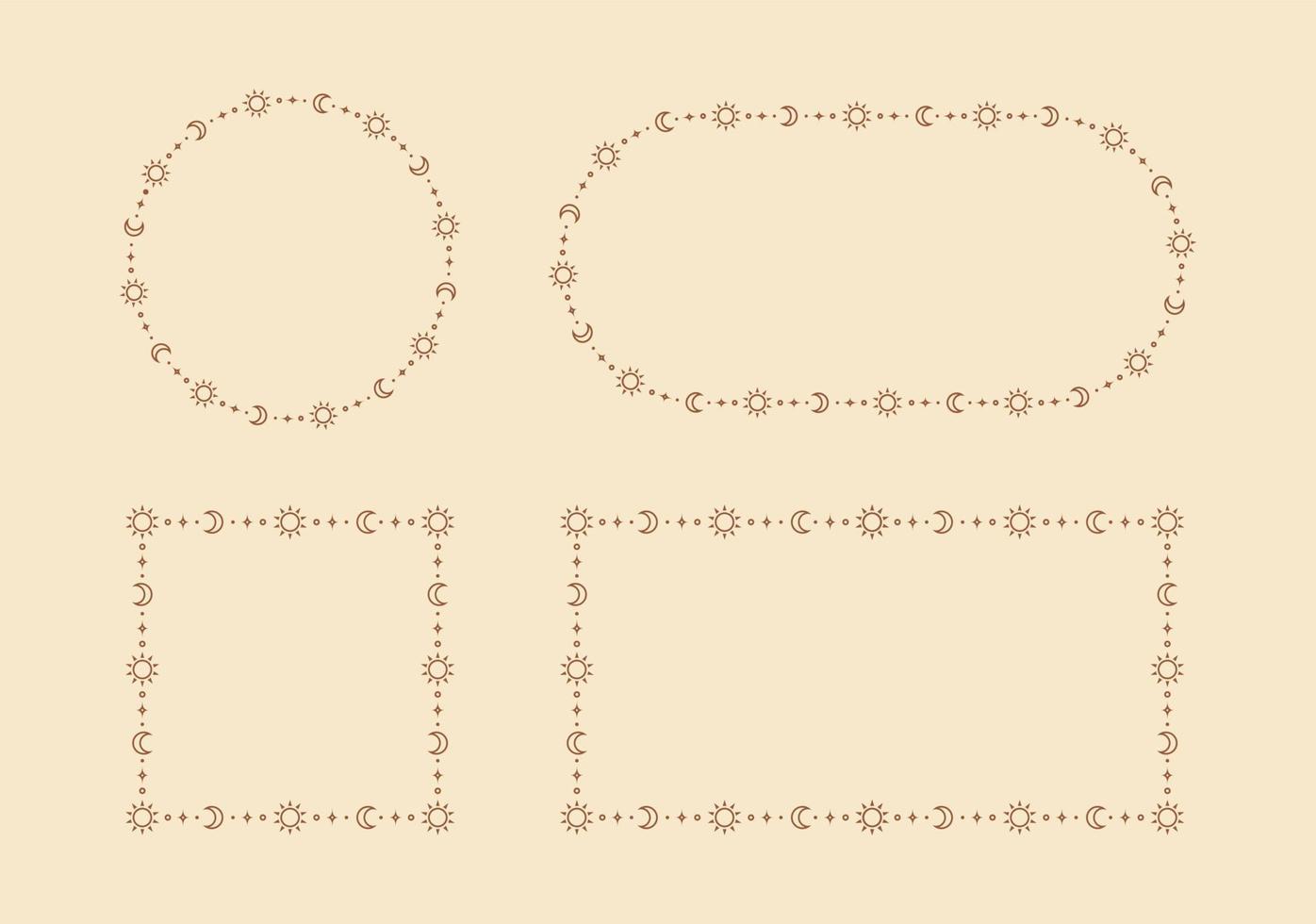 Mystic celestial frame with sun, stars, moon phases, crescents and copy space. Ornate bohemian magical background collection. vector