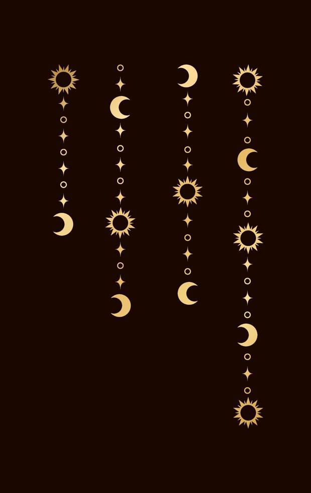 Gold mystic celestial hanging garland frame corner with sun, stars, moon phases, crescents. Ornate bohemian magical curtain decorative element vector