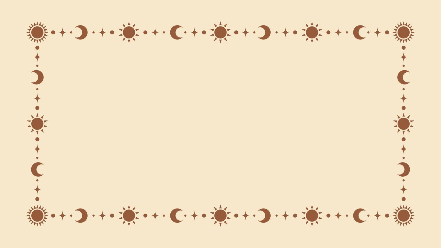 Mystic celestial frame with sun, stars, moon phases, crescents and copy space. Ornate bohemian magical background. vector