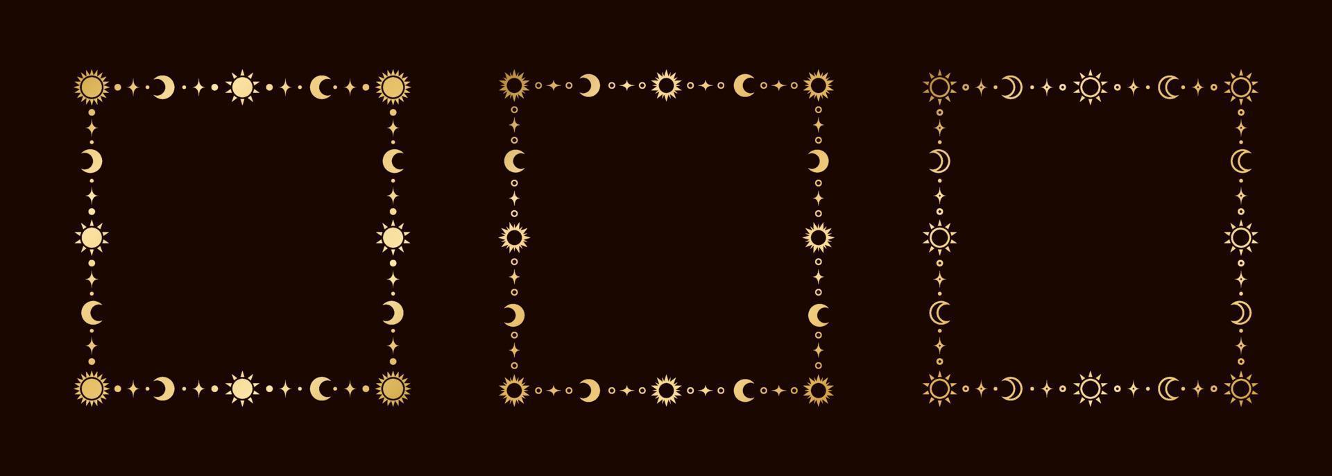 Mystic celestial square golden frame set with sun, stars, moon phases, crescents and copy space. Ornate magical background. vector