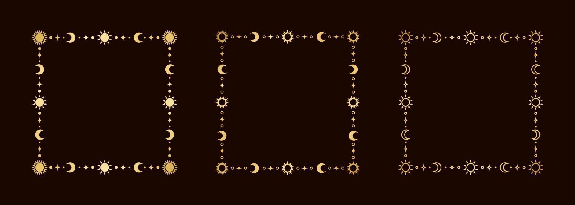 Mystic celestial square golden frame set with sun, stars, moon phases, crescents and copy space. Ornate magical background. vector