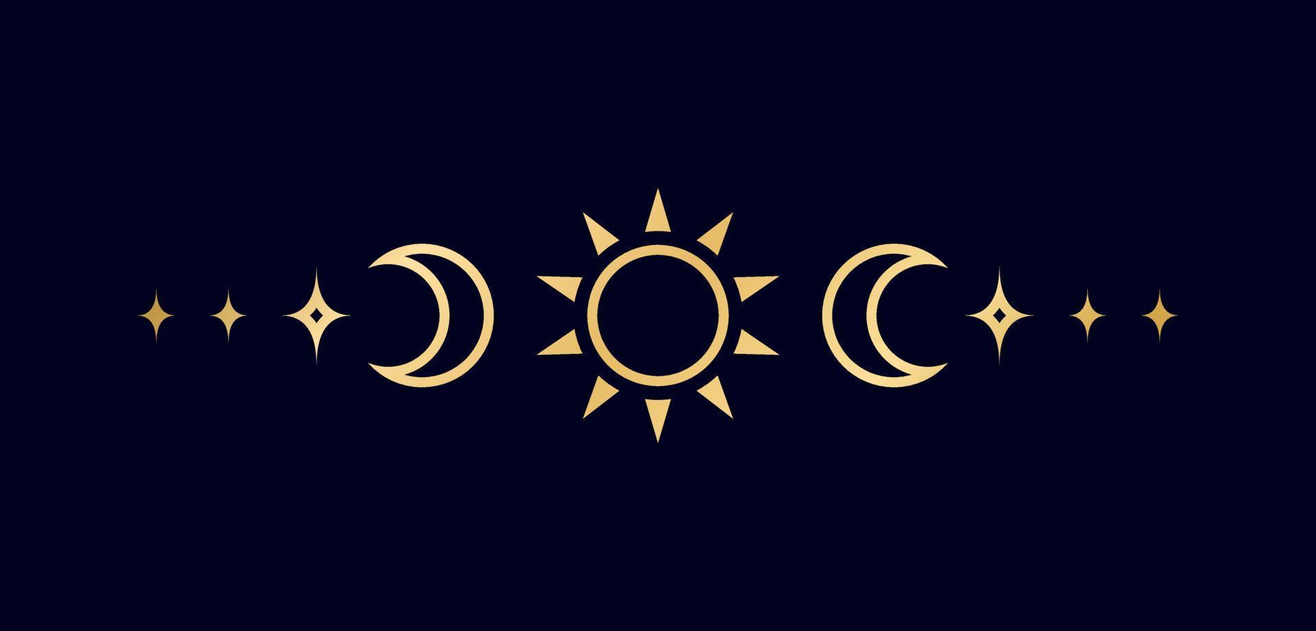 Gold celestial text divider with sun, stars, moon phases, crescents. Ornate boho mystic separator decorative element vector