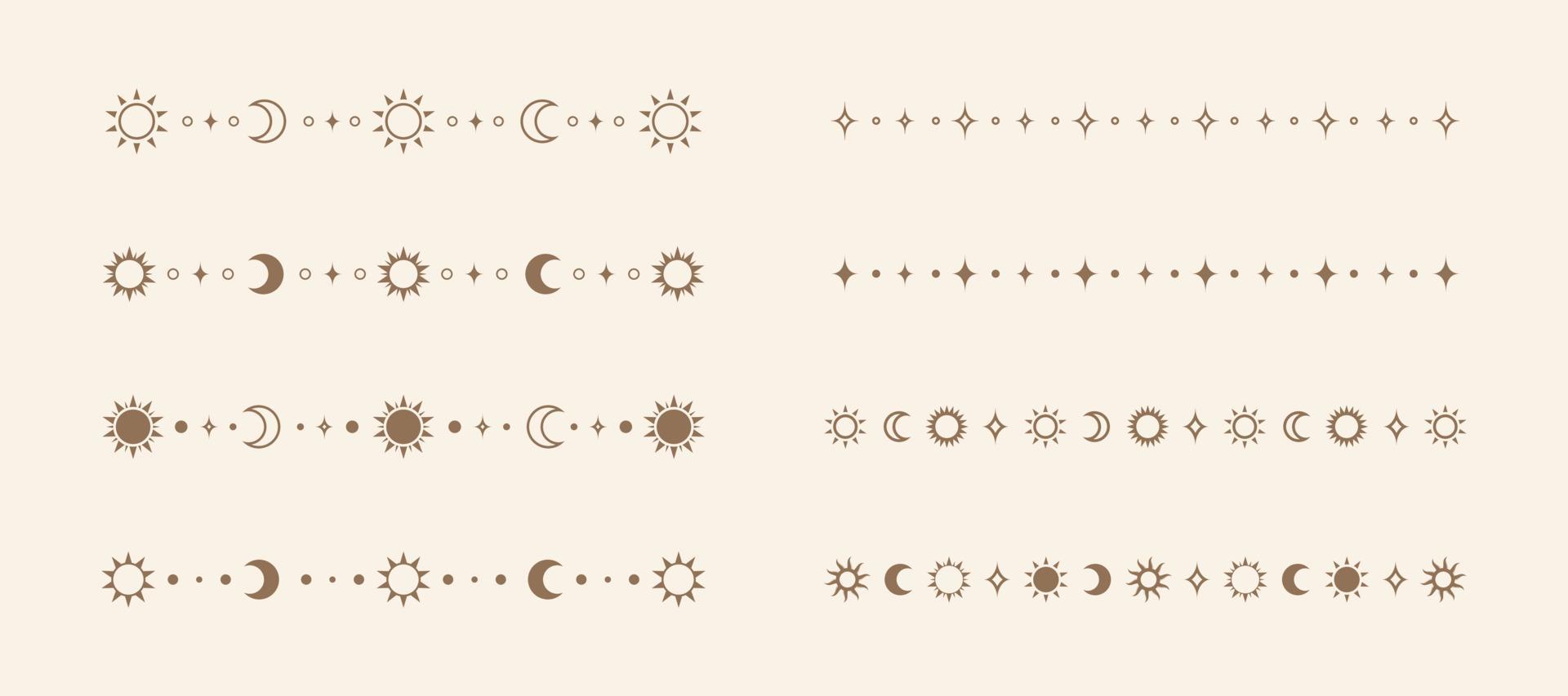 celestial místico separador conjunto con sol, estrellas, Luna etapas, medias lunas florido boho mágico divisor decorativo elemento vector