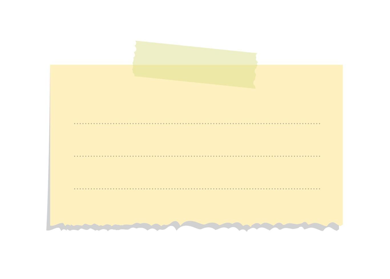 Torn yellow sticky note vector illustration. Taped office memo paper template.