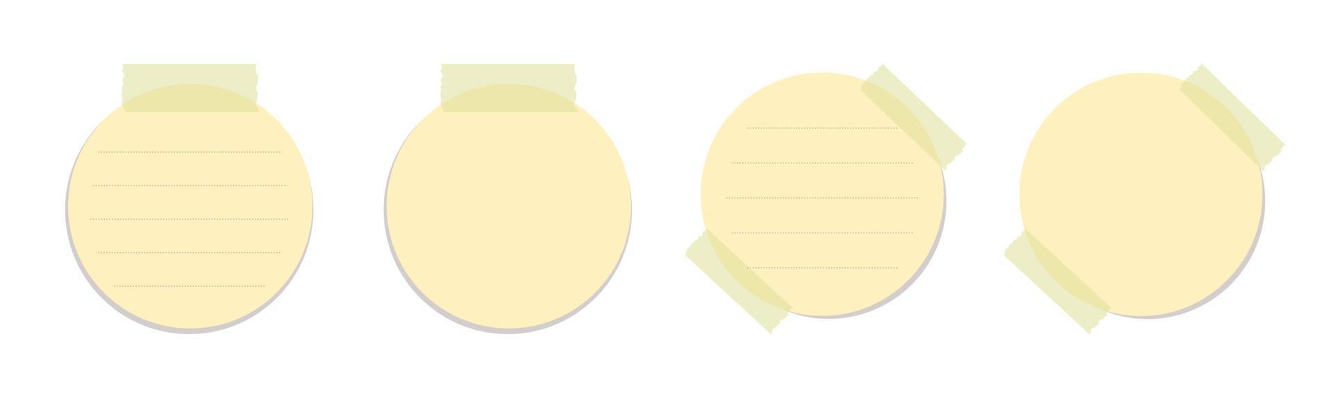 Round yellow sticky note illustration set. Taped office memo paper template mockup. vector