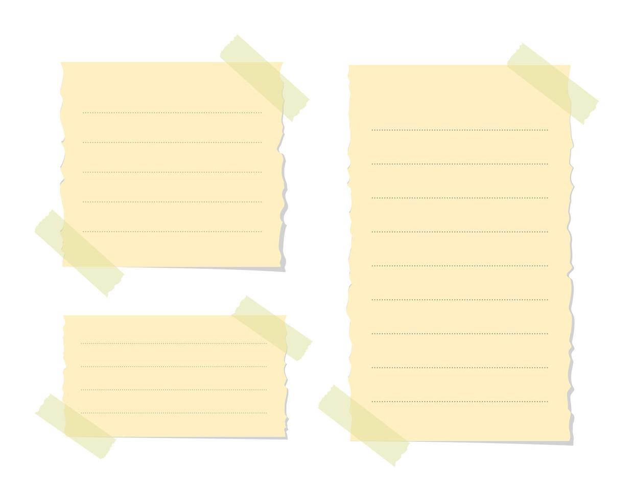 Torn yellow sticky note vector illustration set. Taped office memo paper mockup template.