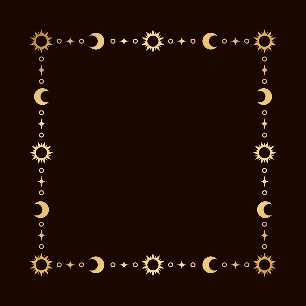 Mystic celestial square golden frame with sun, stars, moon phases, crescents and copy space. Ornate magical background. vector