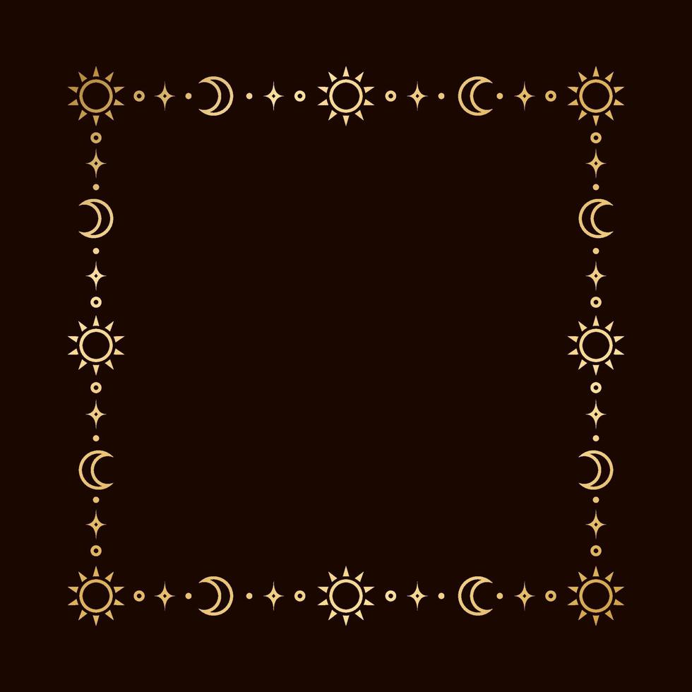 Mystic celestial square golden frame with sun, stars, moon phases, crescents and copy space. Ornate magical background. vector