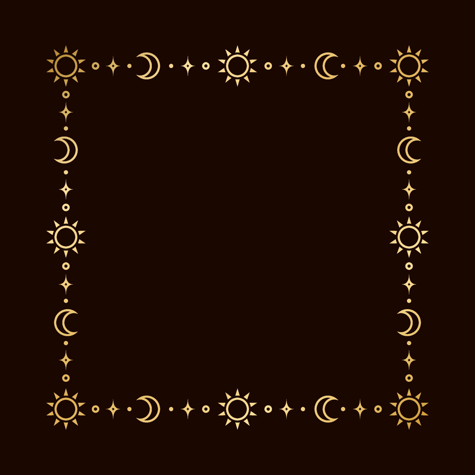 Mystic celestial square golden frame with sun, stars, moon phases