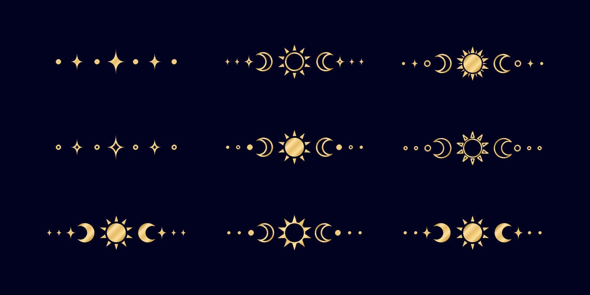 Gold celestial text divider with sun, stars, moon phases, crescents. Ornate boho mystic separator decorative element vector