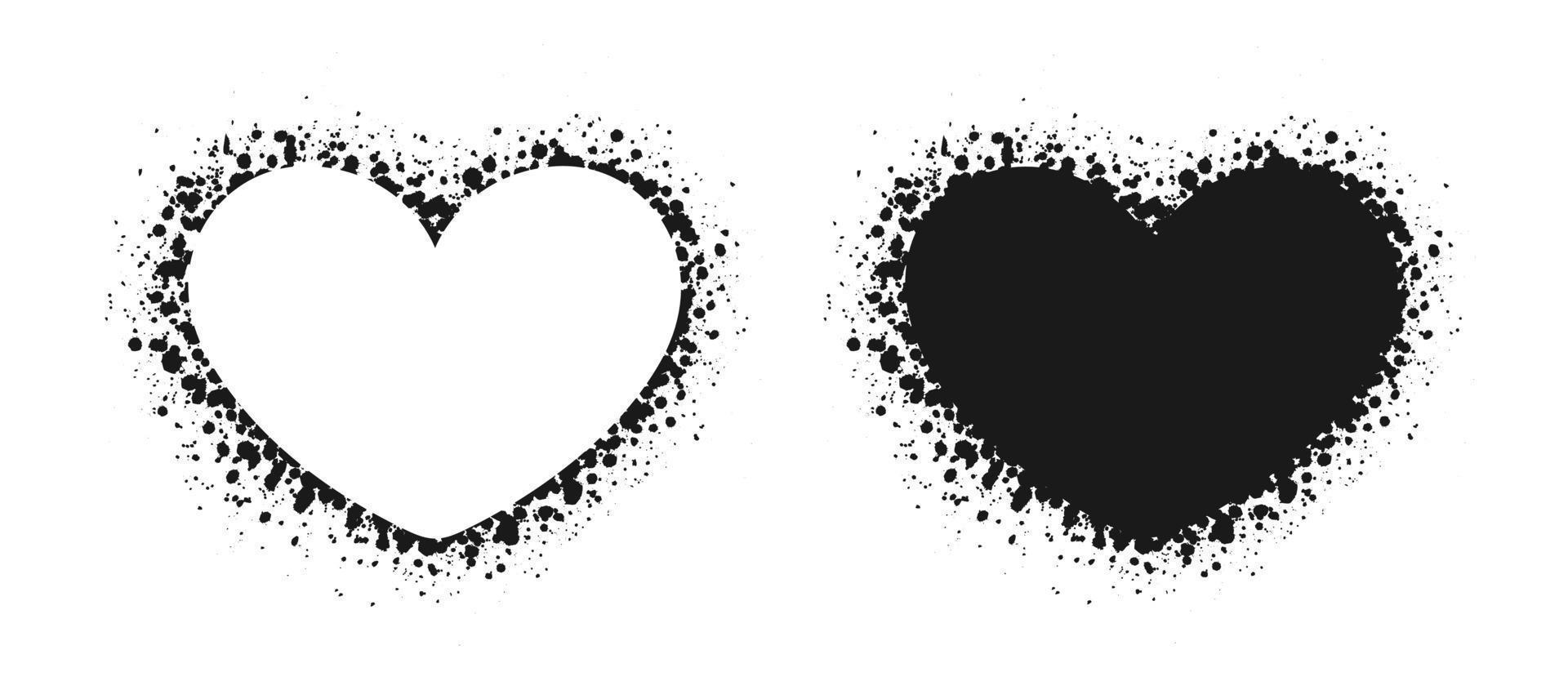 Heart shape grunge ink splatter frame set. Spray graffiti stencil border template. vector