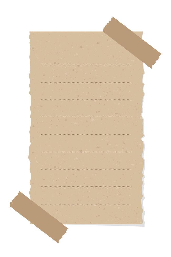 Taped vintage brown torn paper illustration template. Recycled memo note paper with adhesive tape. vector