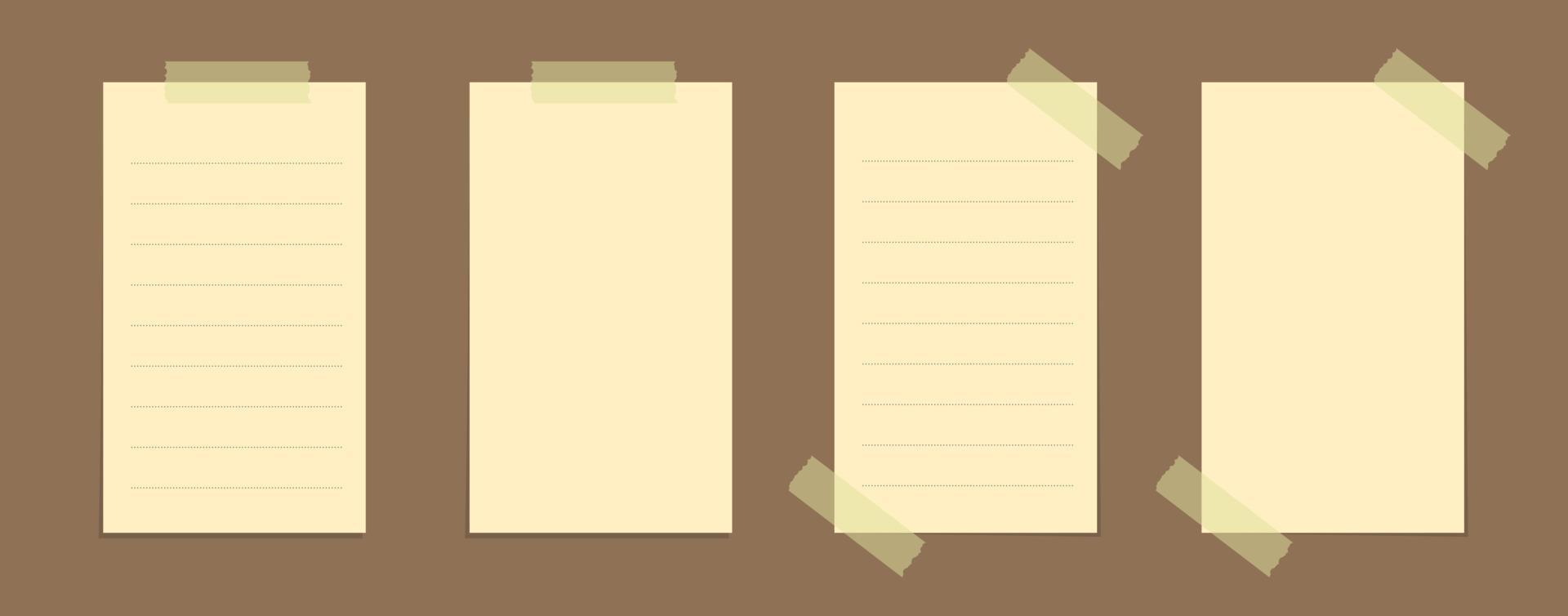 Yellow sticky note vector illustration set. Taped vertical page office memo paper template mockup.