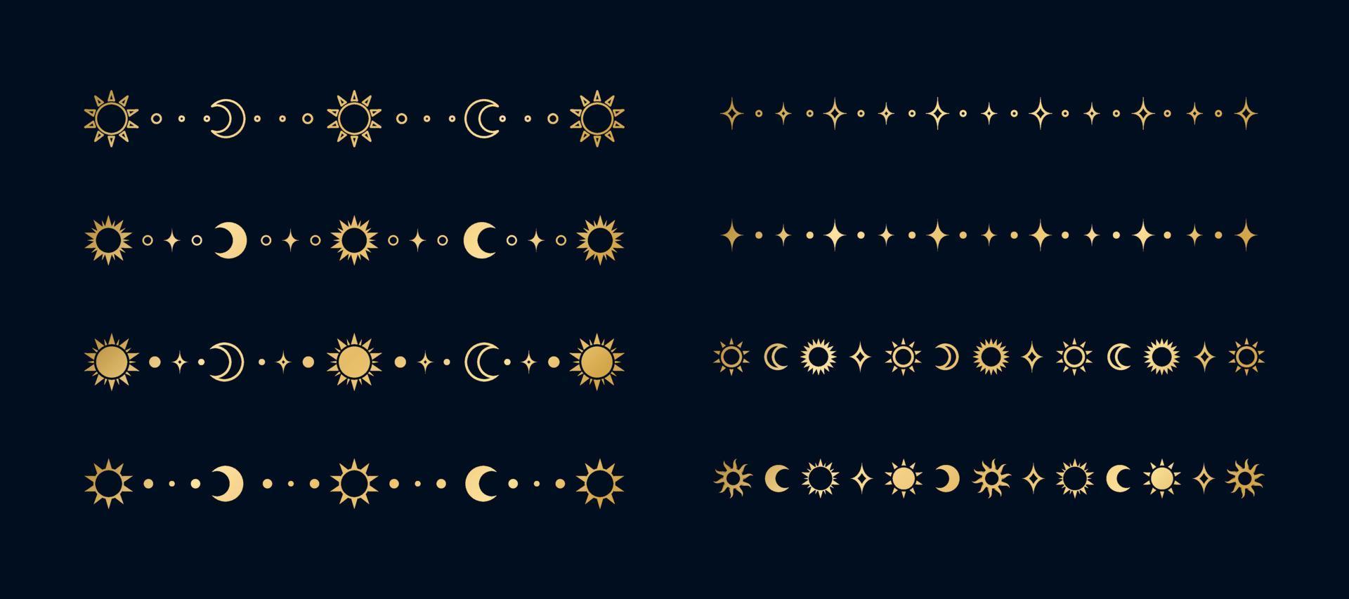 Gold celestial separator set with sun, stars, moon phases, crescents. Ornate boho mystic divider decorative element vector