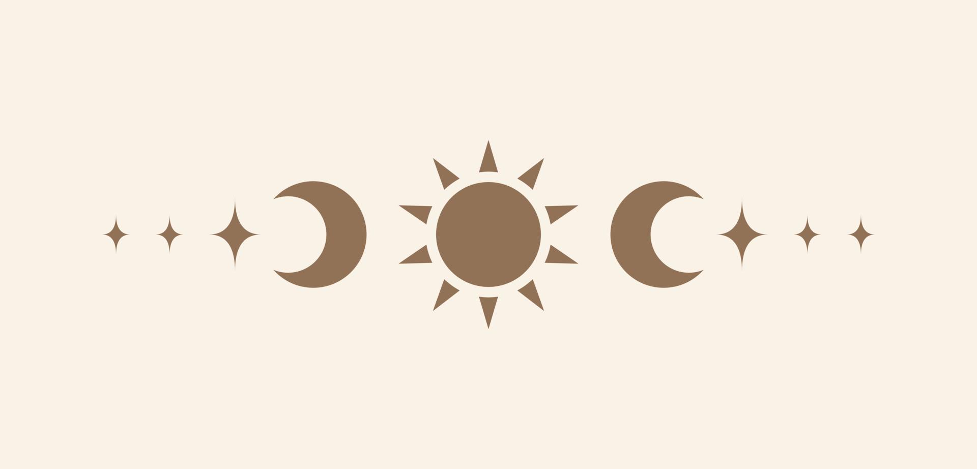 Celestial text divider with sun, stars, moon phases, crescents. Ornate boho mystic separator decorative element vector