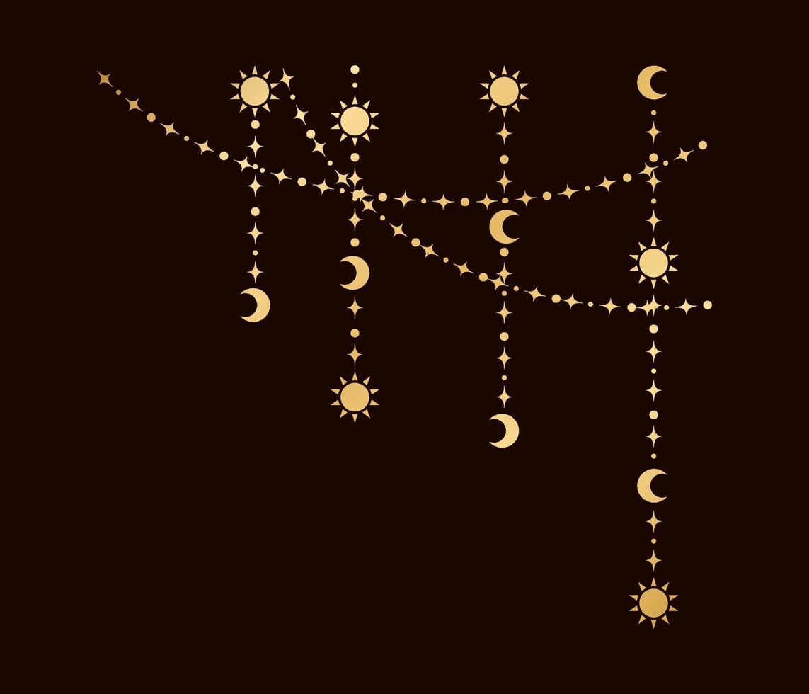 Gold mystic celestial hanging garland frame corner with sun, stars, moon phases, crescents. Ornate bohemian magical curtain decorative element vector