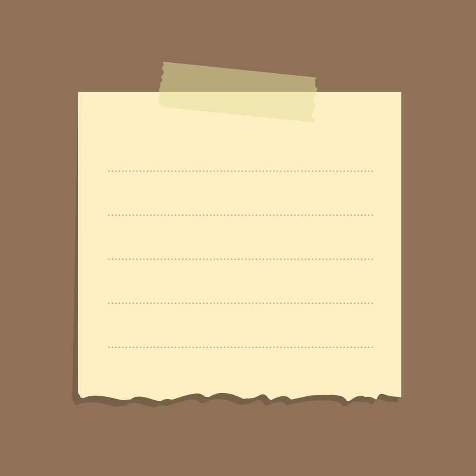 Torn yellow sticky note vector illustration. Taped square office memo paper template.