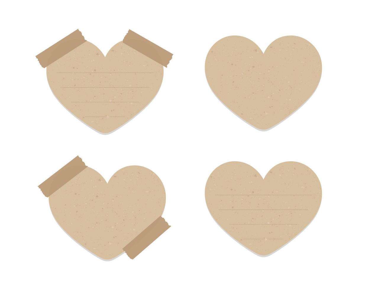 Vintage heart shape brown paper note set. Valentines day theme memo paper with adhesive tape. vector