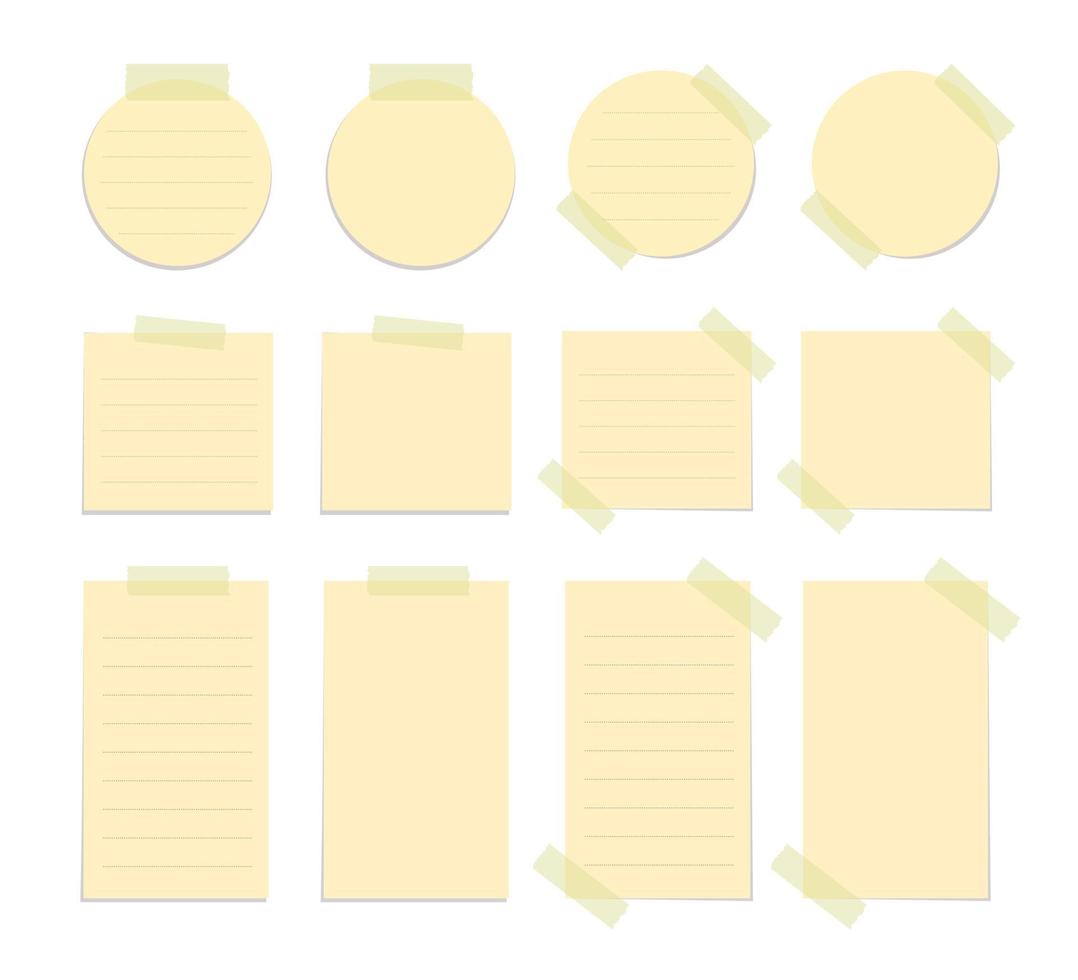 Yellow sticky note illustration set. Taped office memo paper template mockup. vector