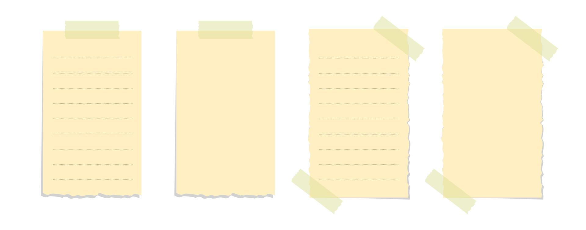 Torn yellow sticky note vector illustration set. Taped office memo paper mockup template.