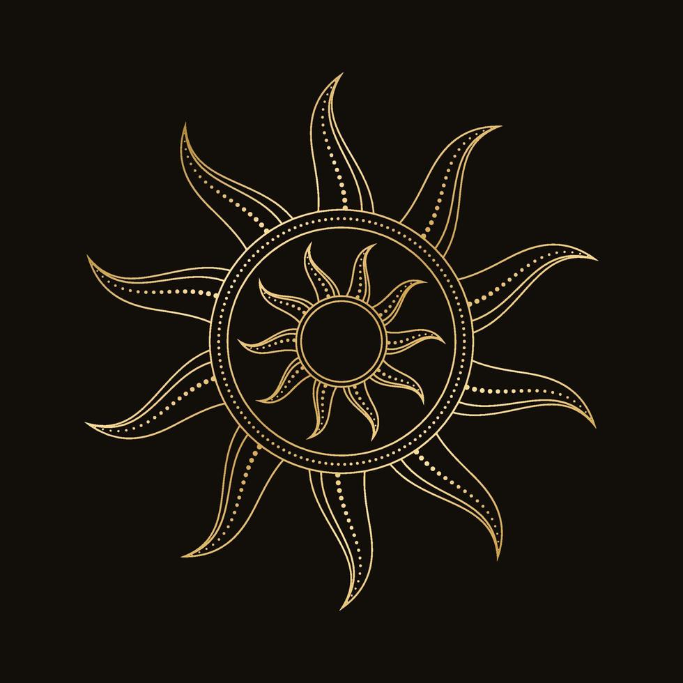 Abstract gold celestial sun vector illustration. Bohemian mystic symbol. Magic talisman, antique tribal style, boho, tattoo, art print, tarot