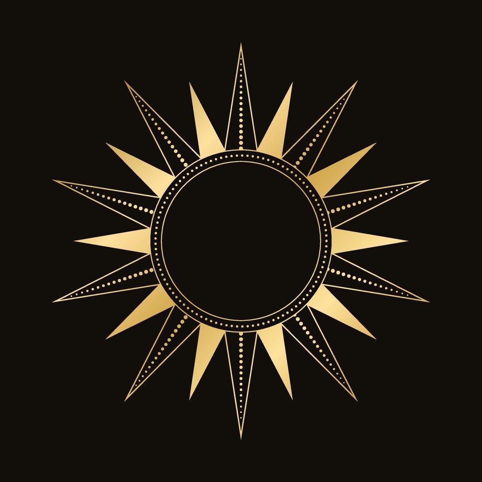 Gold celestial sun vector illustration. Bohemian mystic symbol. Magic talisman, tribal style, boho, tattoo, art print, tarot