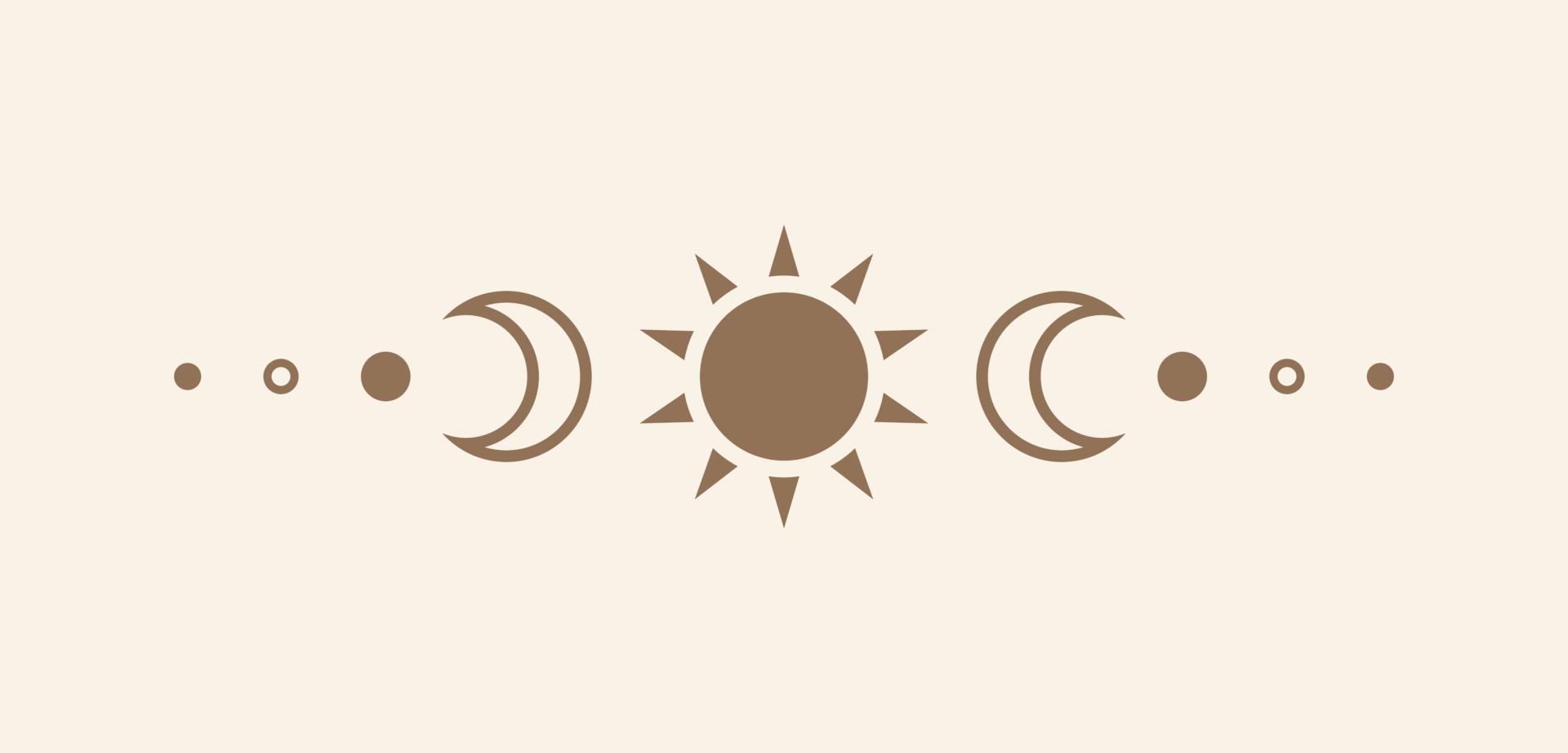 Celestial text divider with sun, stars, moon phases, crescents. Ornate boho mystic separator decorative element vector