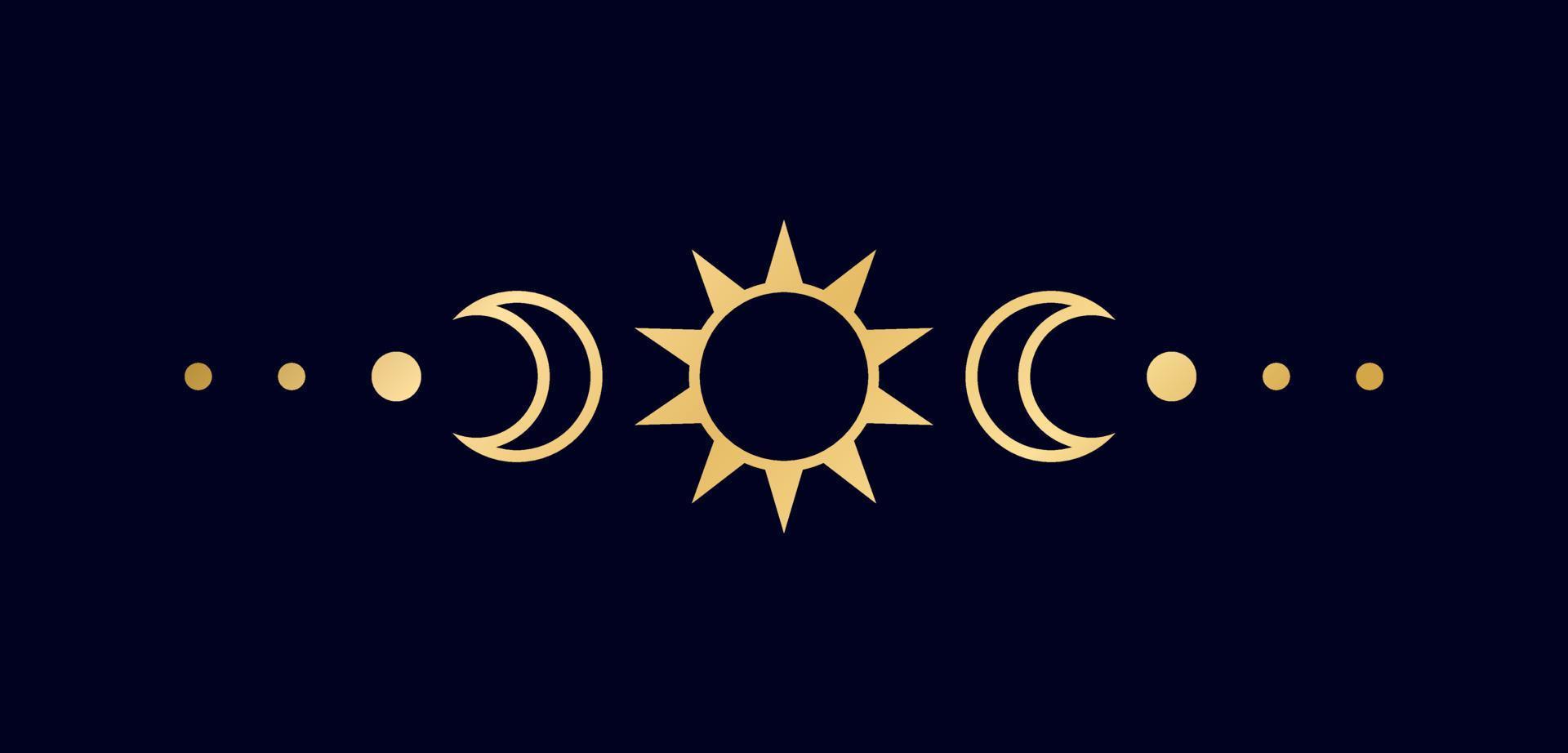 Gold celestial text divider with sun, stars, moon phases, crescents. Ornate boho mystic separator decorative element vector