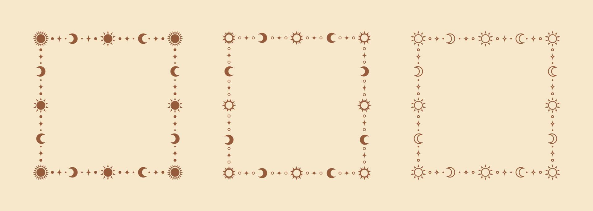 Mystic celestial square frame with sun, stars, moon phases, crescents and copy space. Ornate bohemian magical background collection. vector