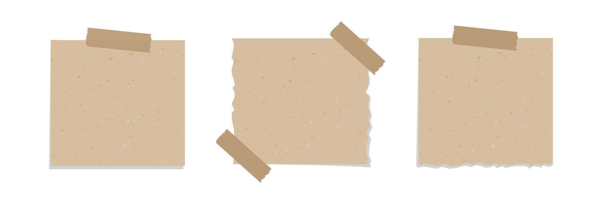 Square vintage brown torn paper illustration set. Recycled memo note paper with adhesive tape. vector