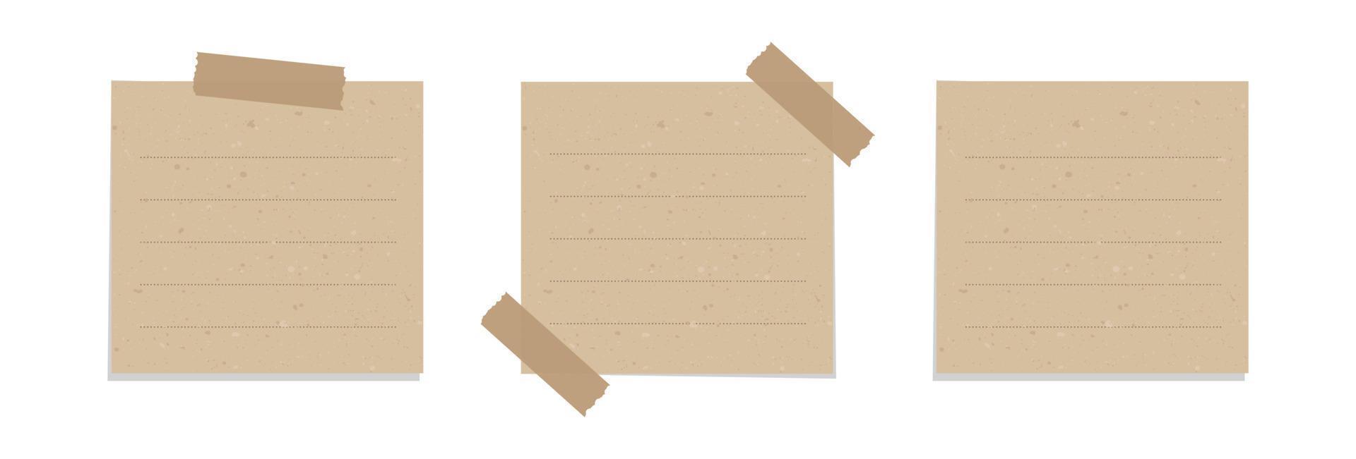 Square vintage brown paper illustration collection. Recycled memo note paper with adhesive tape. vector