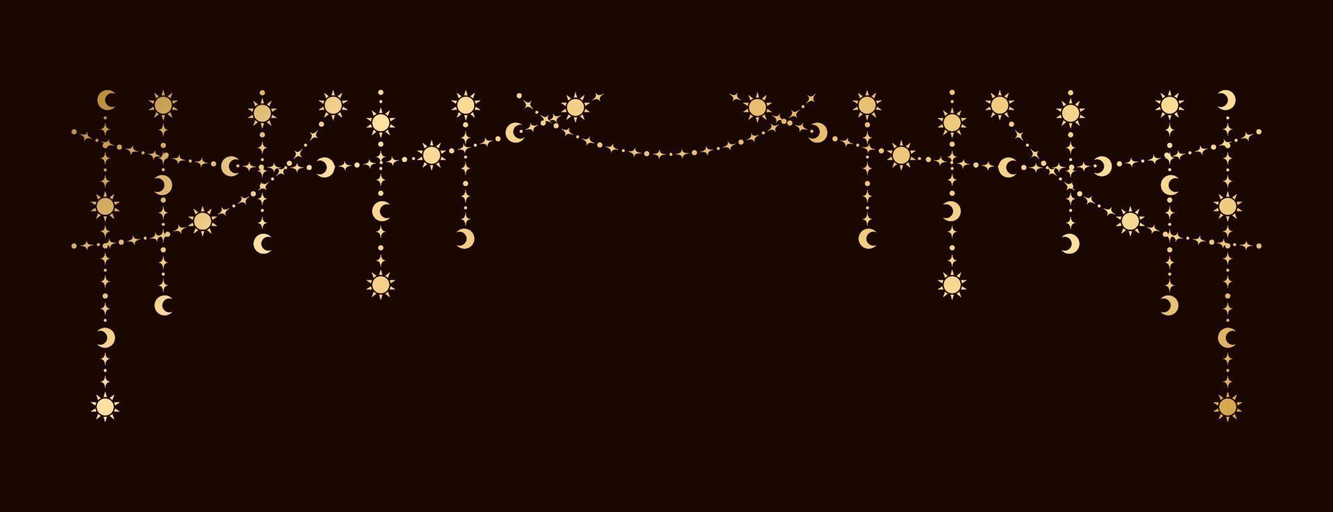 Gold mystic celestial hanging garland with sun, stars, moon phases, crescents. Ornate bohemian magical curtain decorative element vector