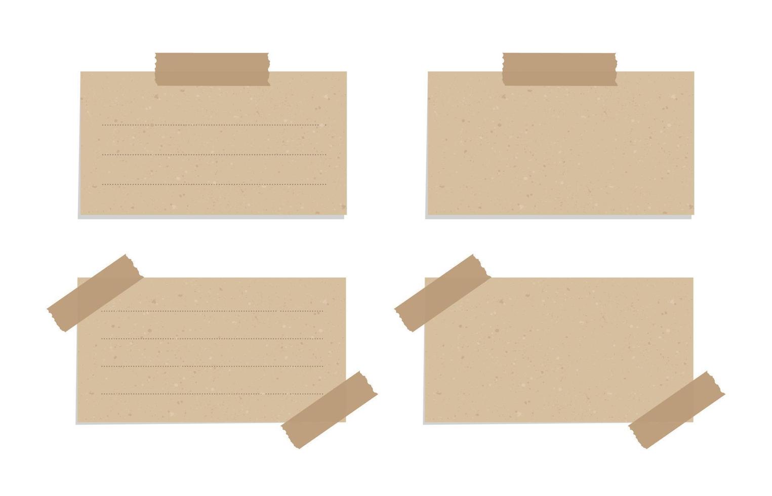 Aesthetic vintage brown paper note set. Recycled memo paper with adhesive tape vector illustration.