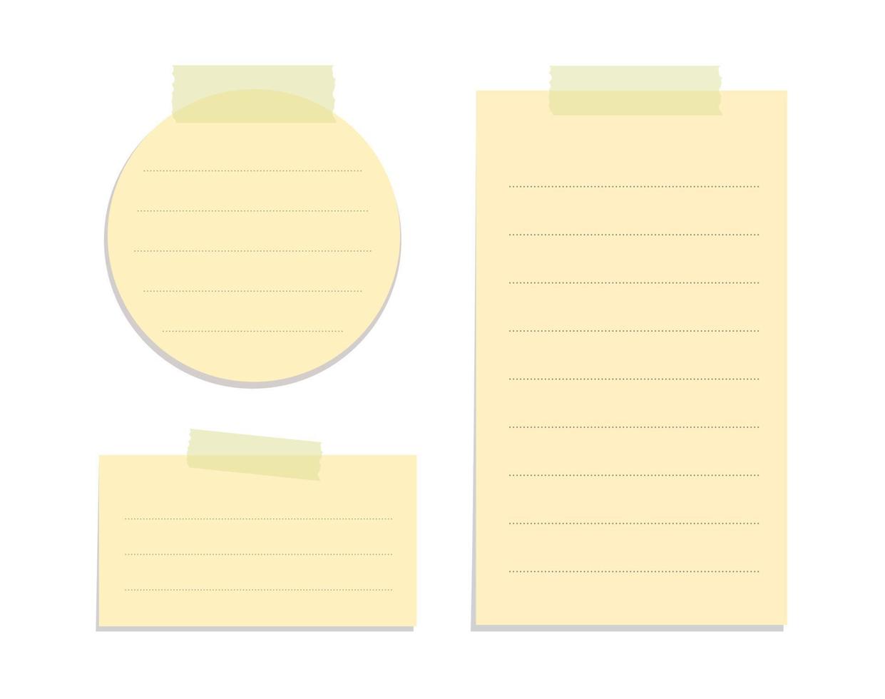 Yellow sticky note illustration set. Taped office memo paper template mockup. vector